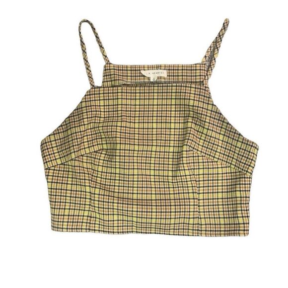LA Hearts Womens Size Medium Cropped Tank‎ Top Yellow Tan Black Plaid Stretch - Picture 1 of 6